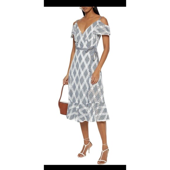SANDRO Paris Illa Cold-Shoulder Crochet And Striped Twill Midi Wrap Dress 40 NEW - Picture 1 of 16